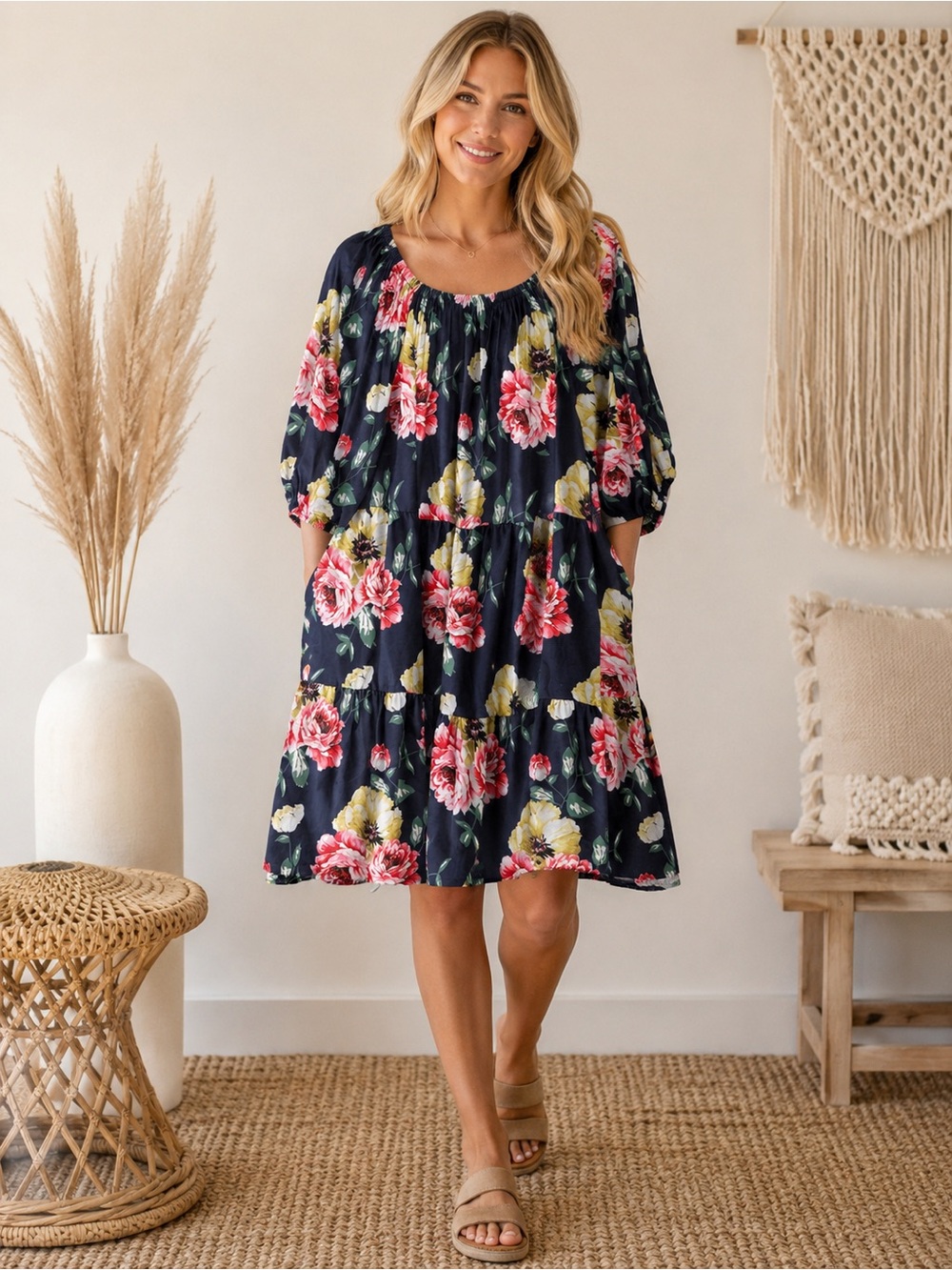 NWT Floral Navy Tiered Puff-Sleeve Dress Size XL